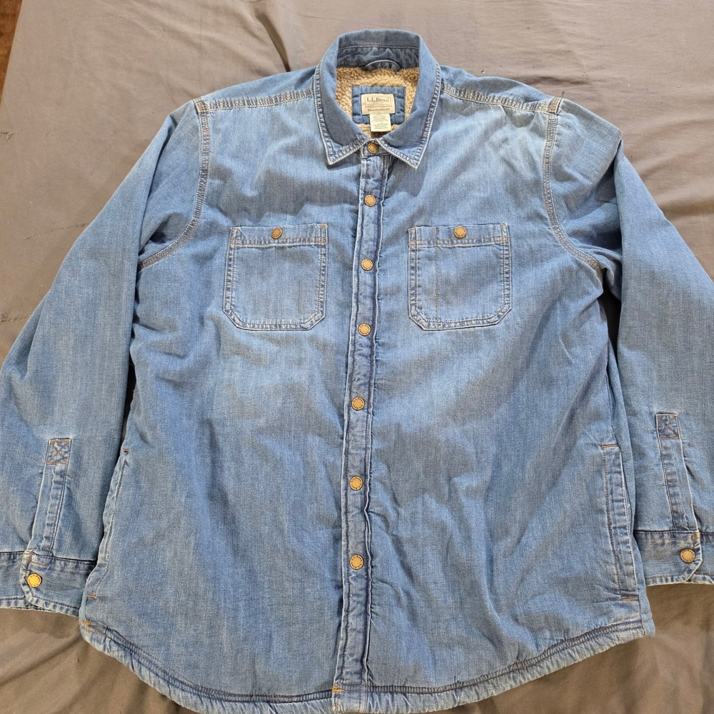LL Bean Mens L Sherpa Lined Denim Shirt Jacket Blue Cotton Snap Front 511558